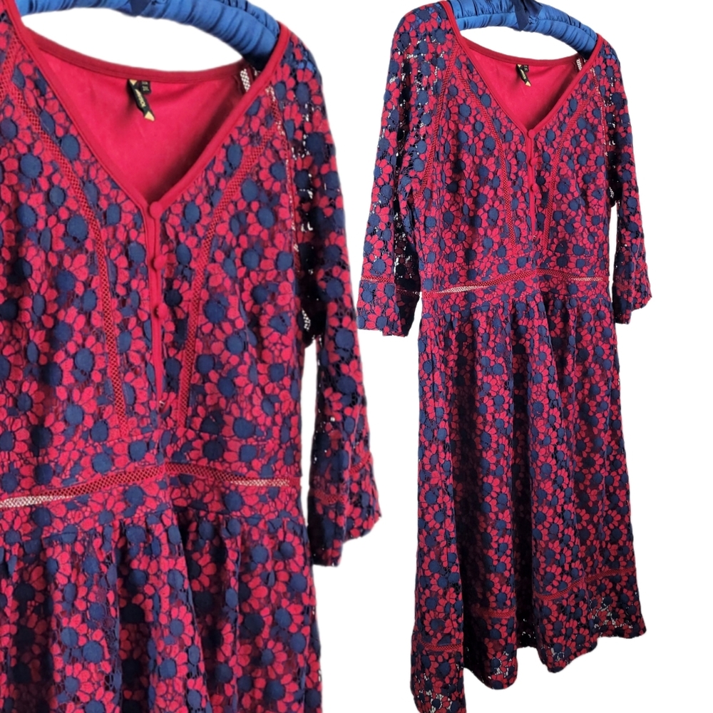 ModCloth Navy and Fuchsia Lace Fit-and-Flare Dress - Picture 3 of 9